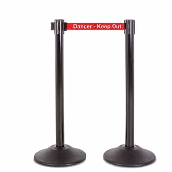 Premium Retractable Belt Stanchion - Black steel post with 15lb base & 7.5' "Danger - Keep Out" belt (2 pack)