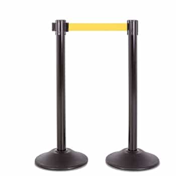 Premium Retractable Belt Stanchion - Black steel post with 15lb base & 7.5' yellow belt (2 pack)