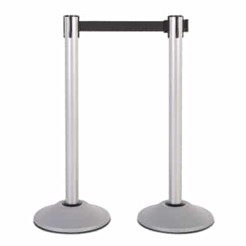 Premium Retractable Belt Stanchion - Silver powder coated steel post with 15lb base & 7.5' black belt (2 pack)