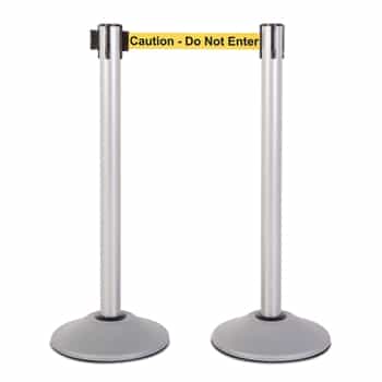 Premium Retractable Belt Stanchion - Silver powder coated steel post with 15lb base & 7.5' "Caution - Do Not Enter" belt (2 pack)