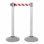 Premium Retractable Belt Stanchion - Silver powder coated steel post with 15lb base & 7.5' danger red/white chevron belt (2 pack)