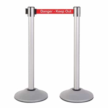 Premium Retractable Belt Stanchion - Silver powder coated steel post with 15lb base & 7.5' "Danger - Keep Out" belt (2 pack)