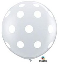 3 foot Qualatex Round White Polka Dot on DIAMOND CLEAR