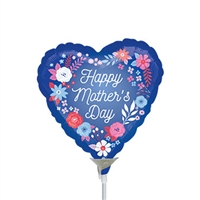 9 inch Blue Mother's Day Artful Floral Heart Shape Foil Balloon