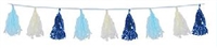 9 3/4 inch x 8 foot BLUE, WHITE, & Light Blue Metallic and Tissue Tassel Garland