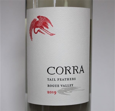 750ml bottle of 2019 Corra Wines Tail Feathers white blend of Viognier Muscat Blanc and Riesling from the Rogue Valley of Southern Oregon by Winemaker Celia Welch