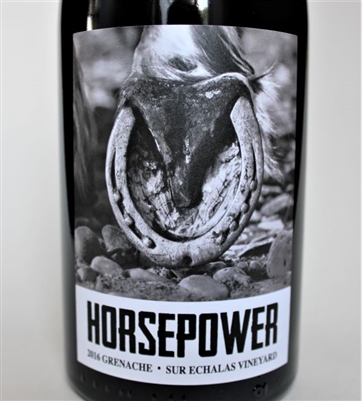 750ml bottle of 2016 Horsepower Grenache from the Sur Echalas Vineyard in Walla Walla Valley of Washington State