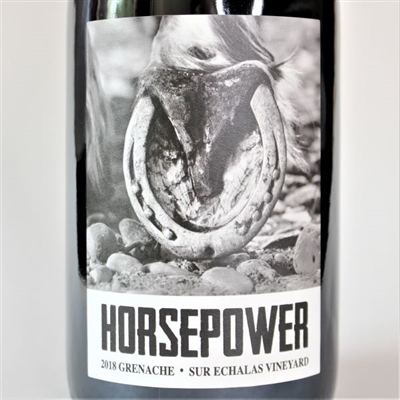 750ml bottle of 2018 Horsepower Grenache from the Sur Echalas Vineyard in Walla Walla Valley of Washington State