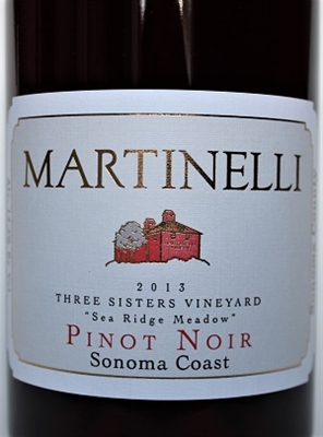 750 ml bottle of Martinelli Family Pinot Noir red wine from the Three Sisters Vineyard on the Sonoma Coast of Sonoma County California