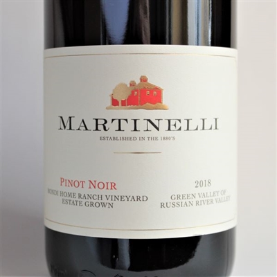 750 ml bottle of 2018 Martinelli Family Pinot Noir red wine from the Bondi Home Ranch in the Green Valley AVA of the Russian River Valley in Sonoma County California