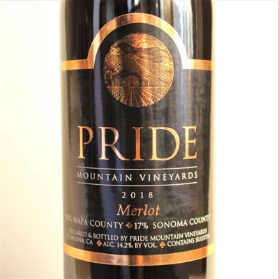 750ml bottle of 2018 Pride Mountain Vineyards Merlot from Napa and Sonoma Counties in California