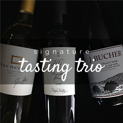 Three 750ml bottles of wine for $98 on the Signature Tasting Trio including The Setting Sauvignon Blanc Hourglass HGIII and J. Bucher Pinot Noir