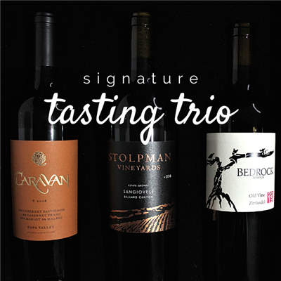 Three 750ml bottles of wine for $98 on the Signature Tasting Trio including Stolpman Vineyards Sangiovese Bedrock Wine Co. Old Vine Zinfandel and Caravan by Darioush