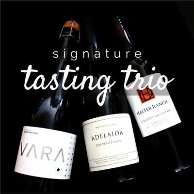 Three 750ml bottles of red wine for $98 on the Signature Tasting Trio including Vara Silverhead American Brut Sparkling Adelaida HMR Vineyard Pinot Noir and Halter Ranch Cabernet Sauvignon