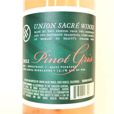 750ml bottle of 2021 Union Sacre Pinot Gris from the Oasis Vineyard of the Santa Lucia Highlands AVA in Santa Barbara County California USA