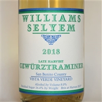 375 ml bottle of 2018 Williams Selyem Late Harvest Gewurztraminer from the Vista Verde Vineyard in San Benito County California