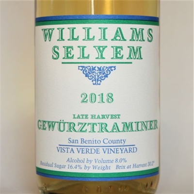 375 ml bottle of 2018 Williams Selyem Late Harvest Gewurztraminer from the Vista Verde Vineyard in San Benito County California