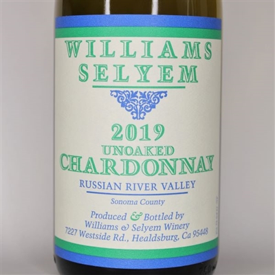 750ml bottle of 2019 Williams Selyem Unoaked Chardonnay from the Russian River Valley of Sonoma County California