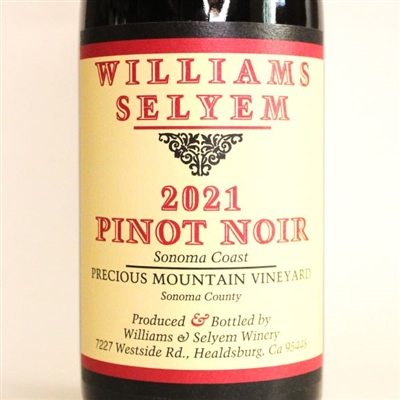 750 ml bottle of Williams Selyem Pinot Noir Precious Mountain Vineyard Sonoma Coast California red wine 2021