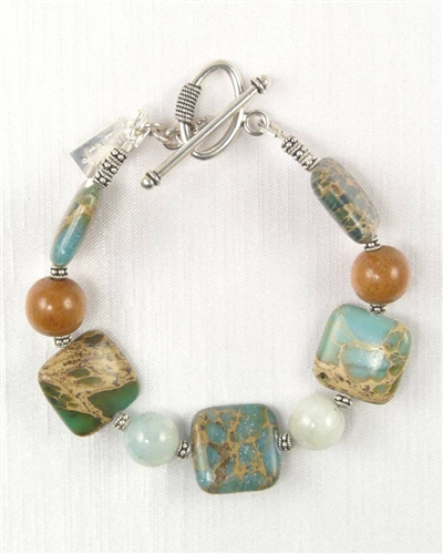 Made In Kauai, Aqua Terra Treasure Bracelet III With Aqua Terra Jasper, African Jade, Koa hardwood, Sterling Silver