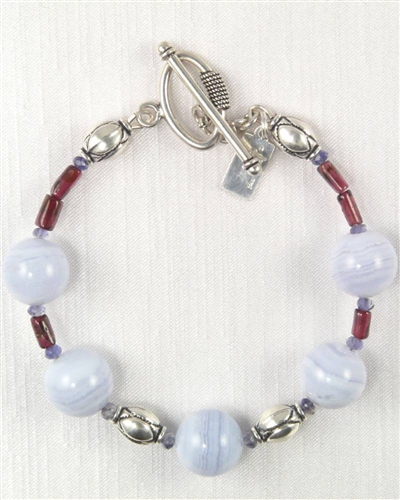 Made In Kauai, Blue Lace Symphony Bracelet by Thresh, Blue Lace Agate, Garnet, Iolite, Sterling Silver