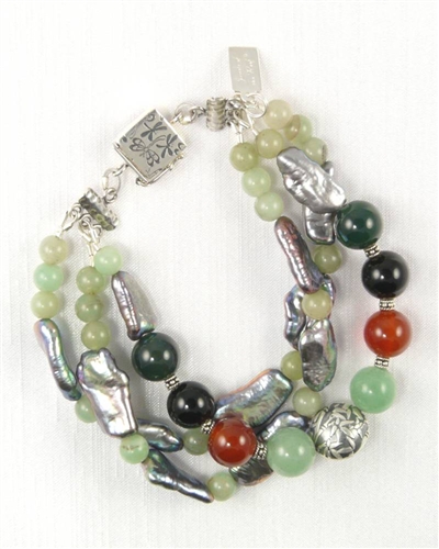 Made In Kauai, Tropical Forest Bracelet, Two Shades Of Green Jade, Carnelian. Black Onyx, Peacock Grey Biwa Pearls, Balinese Sterling Silver Bamboo Design Focal Bead