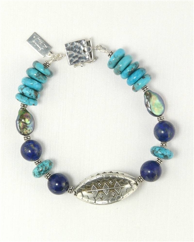 Lake Tahoe Treasure Bracelet I, Natural Turquoise, Lapis Lazuli, Peacock Coin Pearl, Hammered Pattern Sterling Silver Box Clasp