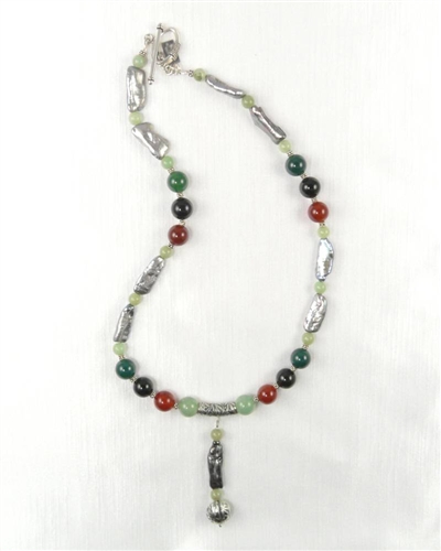 Made In Kauai, Tropical Forest Necklace, Two Shades Of Green Jade, Carnelian. Black Onyx, Peacock Grey Biwa Pearls, Balinese Sterling Silver Bamboo Design Focal Bead & Bail