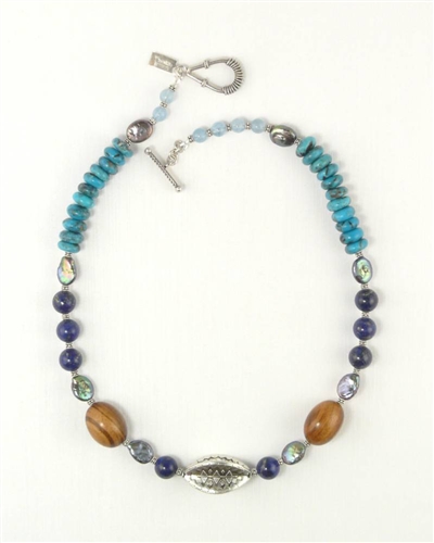 Lake Tahoe Treasure Necklace I, Natural Turquoise, Aquamarine, Lapis Lazuli, Peacock Coin Pearl, Hardwood, Sterling Silver