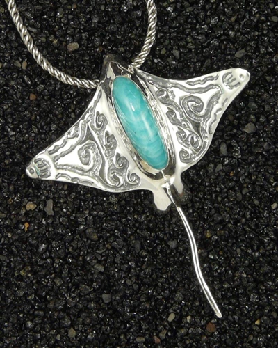 Hawaiian Hihimanu Pendant, Natural Sea-Green Amazonite Gemstone, Solid Sterling Silver Lost Wax Casting, Sterling Silver Chain, Sculpture Of Eagle Ray, Original Signed Sculpture By Thresh