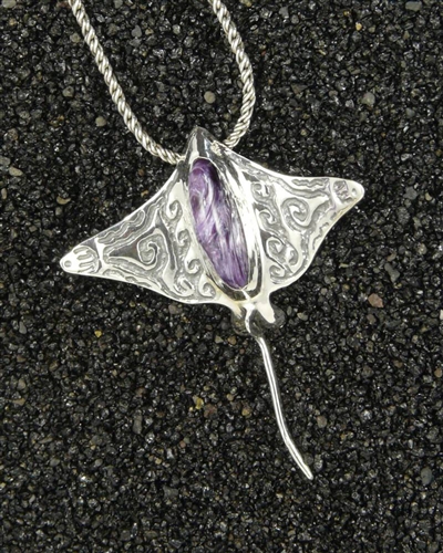 Made In Hawaii, Hihimanu (Eagle Ray) Pendant, Natural Purple Charoite Gemstone,, Solid Sterling Silver Lost Wax Casting, Sculpture Of Spotted Eagle Ray, Original Signed Sculpture By Thresh, Kauai Made