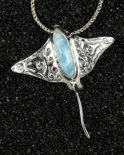 Made In Hawaii, Hihimanu (Eagle Ray) Pendant, Natural Caribbean Blue Larimar Gemstone, Solid Sterling Silver Lost Wax Casting, Sculpture Of Spotted Eagle Ray, Original Signed Sculpture By Thresh, Kauai Made