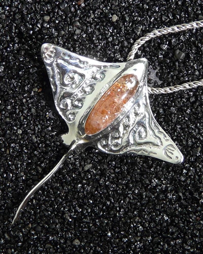 Made In Hawaii, Hihimanu (Eagle Ray) Pendant, Natural Sunstone Gemstone, Solid Sterling Silver Lost Wax Casting, Sculpture Of Spotted Eagle Ray, Original Signed Sculpture By Thresh, Kauai Made
