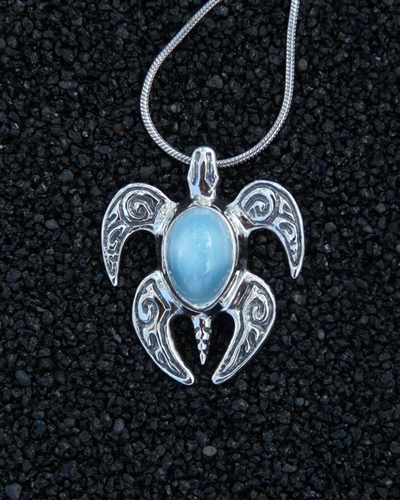 Hawaiian Spirit Honu Lii (Small) Pendant, Blue Larimar Gemstone, Solid Sterling Silver, Original Signed Sculpture Of Sea Turtle By Thresh