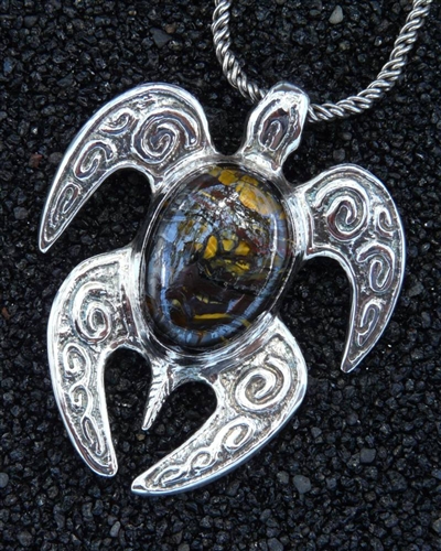 Hawaiian Spirit Honu Nui (Large) Pendant, Multicolored Natural Pietersite Gemstone, Solid Sterling Silver, Original Signed Sculpture Of Sea Turtle By Thresh