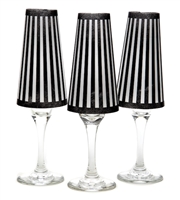 His Tux paper champagne glass shades. Black or White striped pattern on white background.