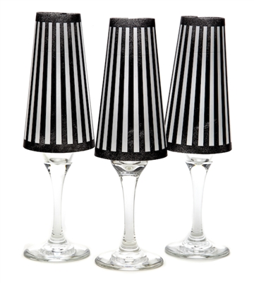 His Tux paper champagne glass shades. Black or White striped pattern on white background.