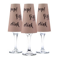 Pop Fizz Clink Paper Champagne Glass Shades. Text on Rose or Gray background.