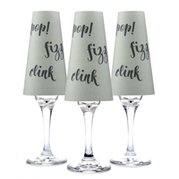 Pop Fizz Clink Paper Champagne Glass Shades. Text on Rose or Gray background.