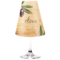 Oliva Red Wine Glass Shades Party Pack by di Potter brown wood barrel background purple olive green add to a wine glass with a flameless tea light.