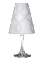 Scroll pattern translucent paper white wine glass shades.  Available in silver glitter and gold.  Made in the USA.