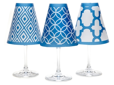 Coordinating fret, circle, and diamond pattern paper white wine glass shades. Available in isle blue, fiesta orange and oasis green.  Made in the USA.