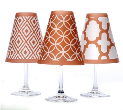 Coordinating fret, circle, and diamond pattern paper white wine glass shades. Available in isle blue, fiesta orange and oasis green.  Made in the USA.