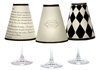 Set of 6 coordinating Paris street sign, harlequin and love poem pattern translucent paper white wine glass shades.  Also available in red wine glass size.  Made in the USA.