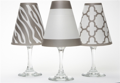 Manhattan White Wine Glass Shades Set of 6 by di Potter zebra fret and border pattern in black white or gray modern animal print signature collection add to a wine glass with a flameless tea light