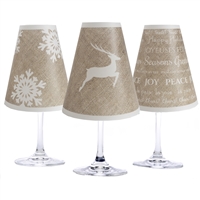 Holiday Burlap translucent paper white wine glass shades by di Potter. Christmas shades.  Set of 6 coordinating reindeer tree and snowflake shades.