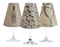 Set of 6 coordinating wine bottle, cork and cheers pattern translucent paper white wine glass shades.  Available in parchment and white.  Made in the USA,