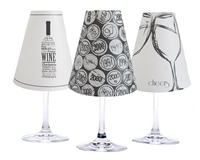 Set of 6 coordinating wine bottle, cork and cheers pattern translucent paper white wine glass shades.  Available in parchment and white.  Made in the USA,