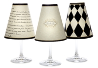 Set of 6 coordinating Paris street sign, harlequin and love poem pattern translucent paper red wine glass shades by di Potter.  Available in parchment.  Made in the USA.