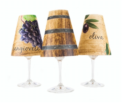 Wine Tasting Tuscany Red Wine Glass Shades Set of 6 - di Potter wood background sangiovese grapes and oak barrel pattern place on a wine glass with a flameless tea light